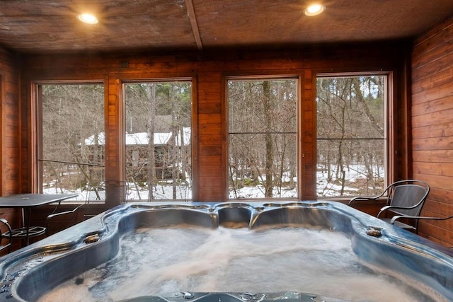 interior details with a jacuzzi and wooden walls