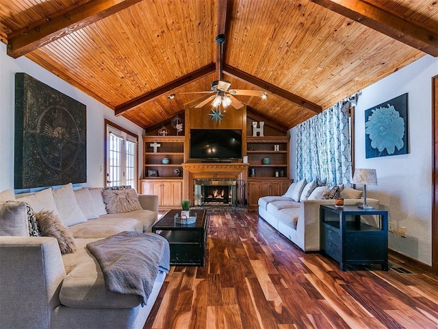 living room featuring ceiling fan, vaulted ceiling with beams, built in features, dark wood-type flooring, and wooden ceiling