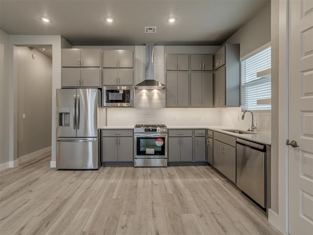 kitchen with appliances with stainless steel finishes, wall chimney range hood, light hardwood / wood-style floors, sink, and gray cabinets