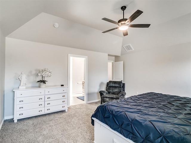 carpeted bedroom with ceiling fan and lofted ceiling