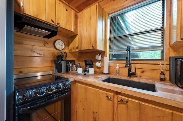 kitchen with electric range oven, wooden walls, and sink