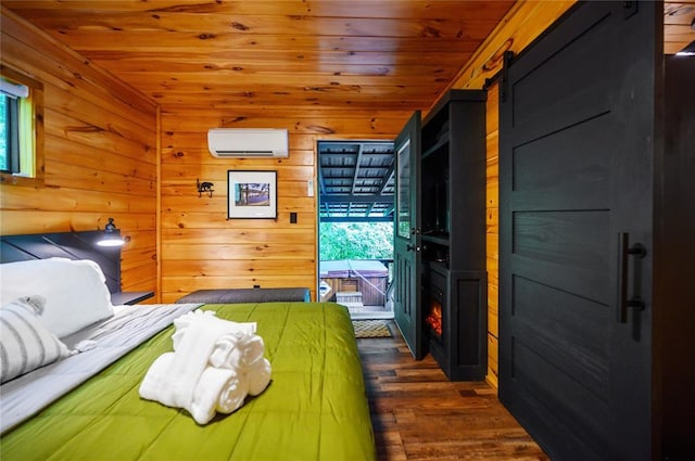 bedroom with dark hardwood / wood-style flooring, wood walls, a wall mounted air conditioner, and wood ceiling