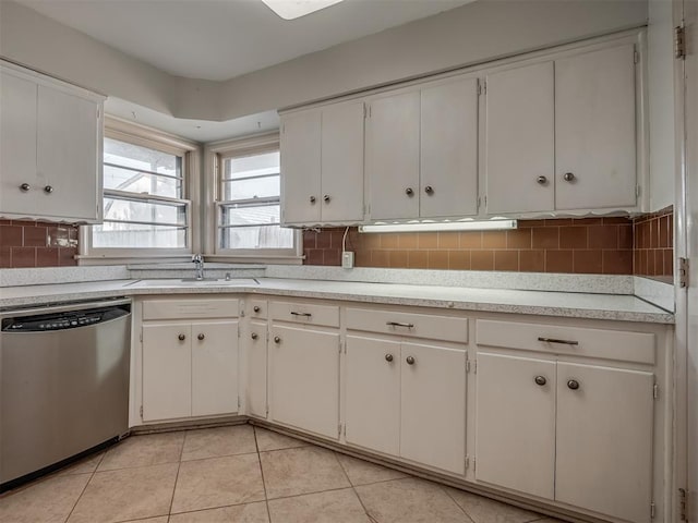 kitchen featuring white cabinetry, decorative backsplash, dishwasher, and sink