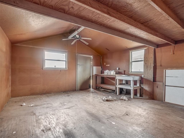 bonus room featuring lofted ceiling with beams, ceiling fan, and wooden ceiling