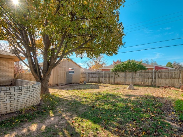 view of yard featuring a storage shed