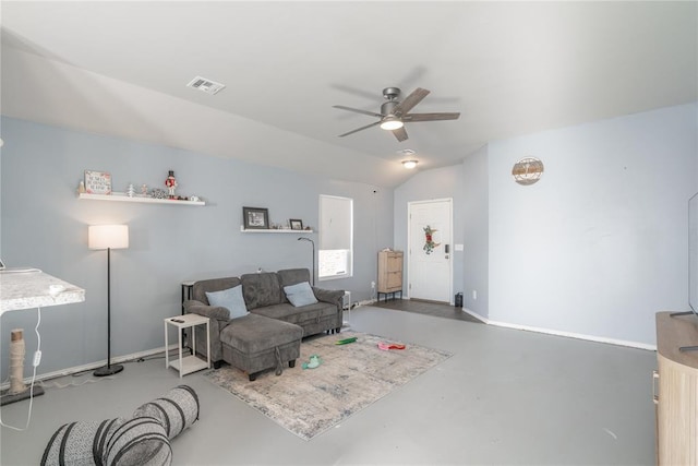 living room with ceiling fan and lofted ceiling