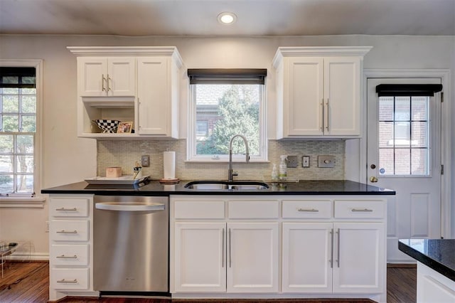 kitchen featuring stainless steel dishwasher, white cabinets, sink, and tasteful backsplash