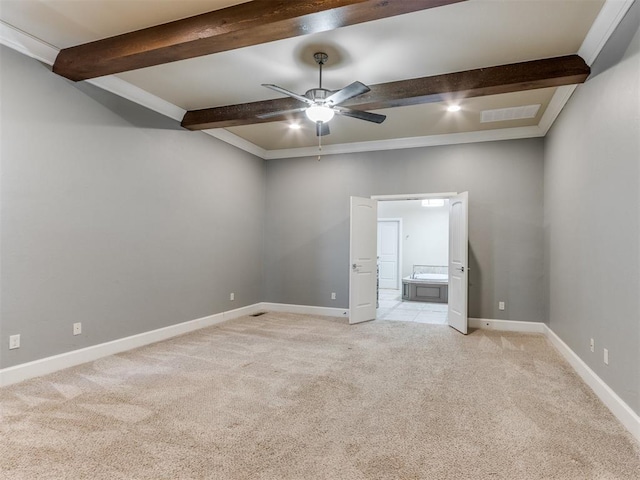 carpeted spare room with beam ceiling and ceiling fan