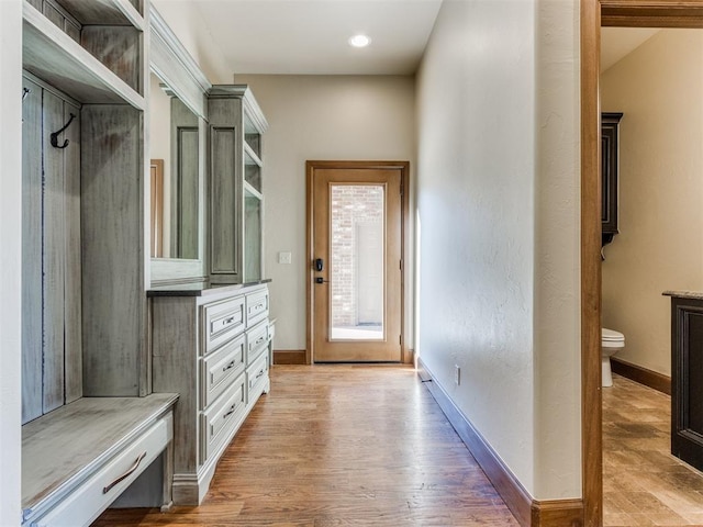 mudroom with light hardwood / wood-style flooring