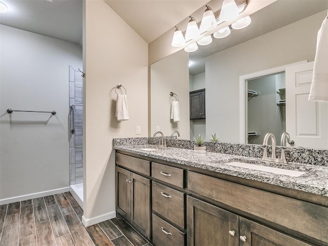 bathroom featuring walk in shower and vanity