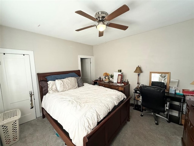 bedroom with ceiling fan and carpet