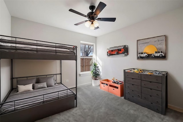 bedroom with ceiling fan and carpet