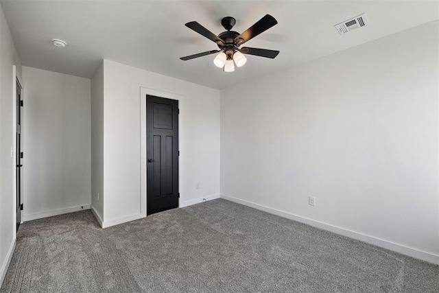 unfurnished bedroom featuring ceiling fan and carpet floors