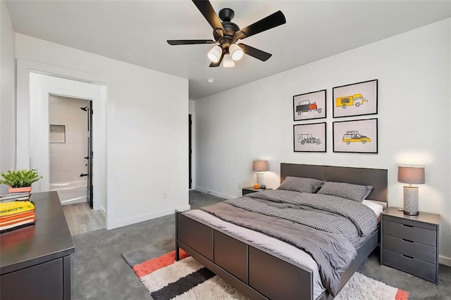 carpeted bedroom featuring ceiling fan and connected bathroom