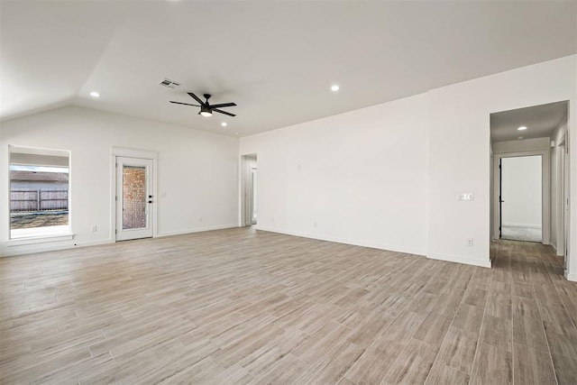 202 E Main St, Calumet, OK 73014 - unfurnished living room with a ceiling fan, light wood-type flooring, recessed lighting, lofted ceiling, and baseboards