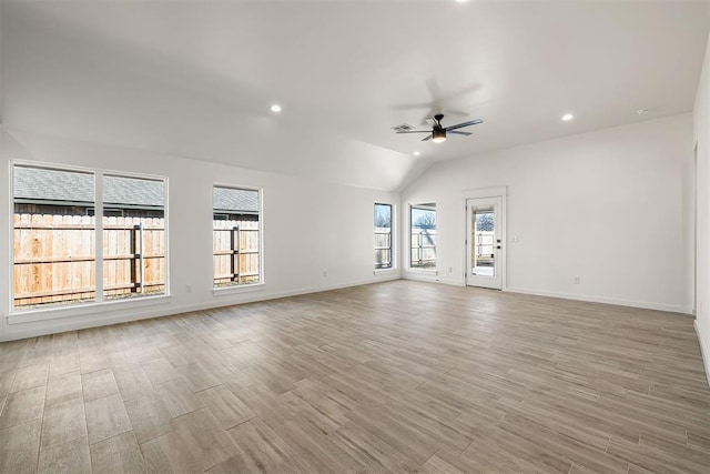 202 E Main St, Calumet, OK 73014 - unfurnished living room featuring a ceiling fan, healthy amount of natural light, light wood-style floors, recessed lighting, and baseboards