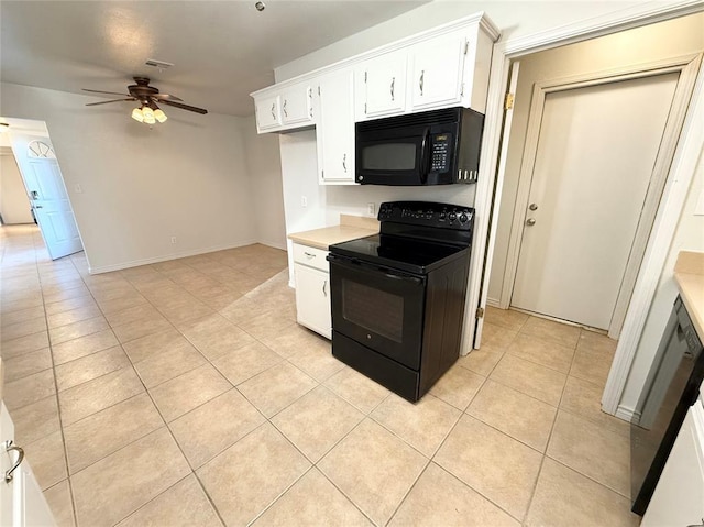 kitchen with white cabinets, ceiling fan, light tile patterned flooring, and black appliances