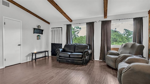 living room with lofted ceiling with beams and dark hardwood / wood-style floors