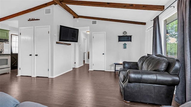 living room with lofted ceiling with beams and dark hardwood / wood-style floors