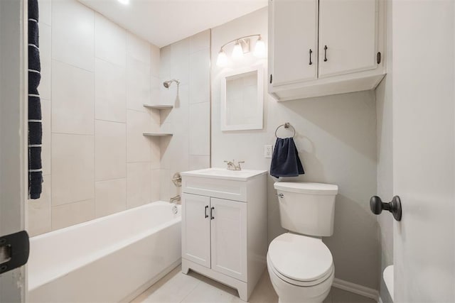 full bathroom featuring toilet, vanity, tile patterned floors, and tiled shower / bath combo