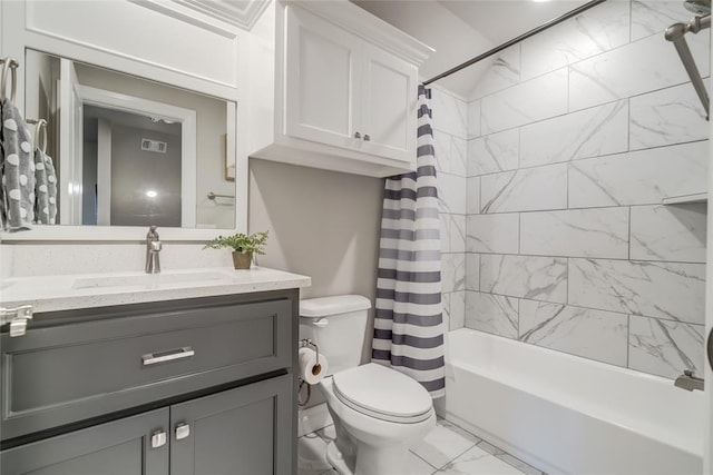 full bathroom featuring vanity, shower / bathtub combination with curtain, and toilet