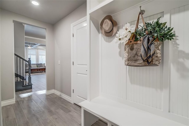 mudroom with hardwood / wood-style flooring