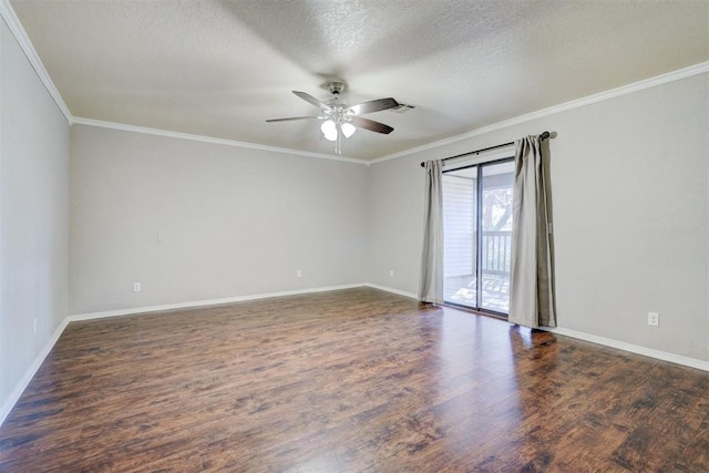 spare room with ceiling fan, dark wood-type flooring, ornamental molding, and a textured ceiling