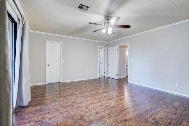 unfurnished room with ceiling fan, dark wood-type flooring, crown molding, and a textured ceiling