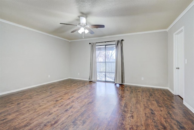 spare room with ornamental molding, dark wood-type flooring, a textured ceiling, and ceiling fan