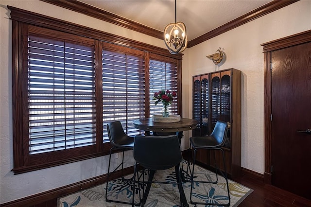 wine room featuring crown molding, a notable chandelier, and dark hardwood / wood-style floors