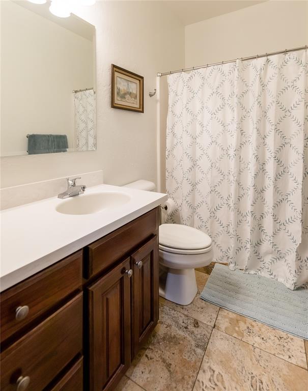 bathroom featuring toilet, vanity, and curtained shower