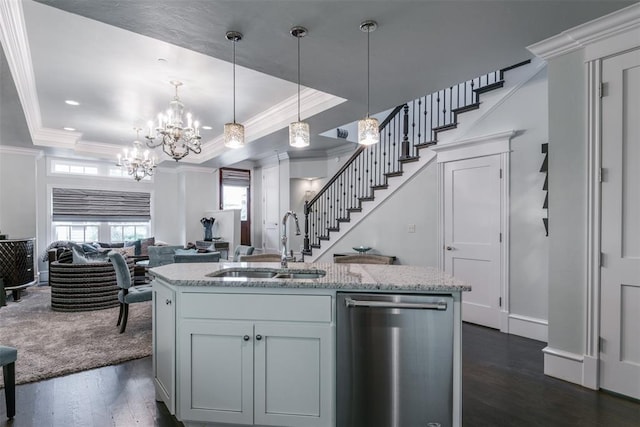 kitchen featuring light stone countertops, dishwasher, sink, hanging light fixtures, and dark hardwood / wood-style floors