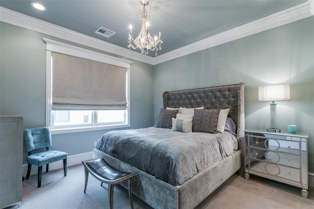 carpeted bedroom featuring ornamental molding and a chandelier