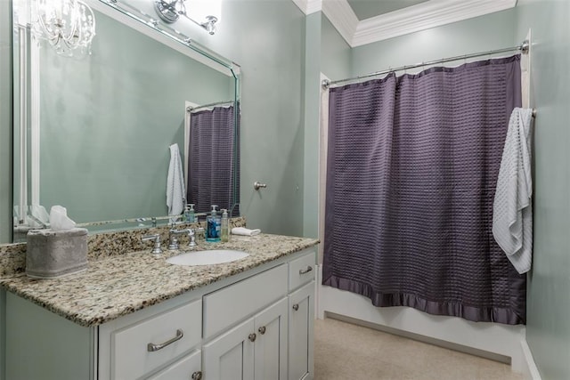 bathroom featuring vanity, curtained shower, ornamental molding, and a chandelier