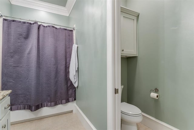 bathroom with vanity, a shower with curtain, crown molding, tile patterned flooring, and toilet