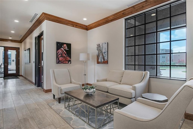 living room featuring ornamental molding