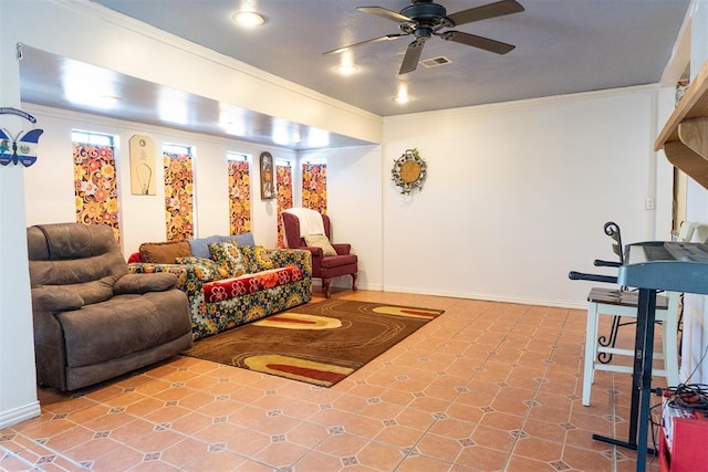 living room featuring crown molding and ceiling fan