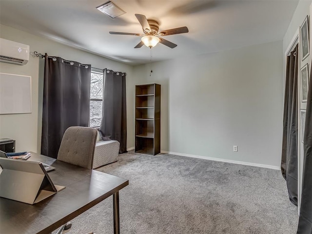 office with an AC wall unit, ceiling fan, and carpet