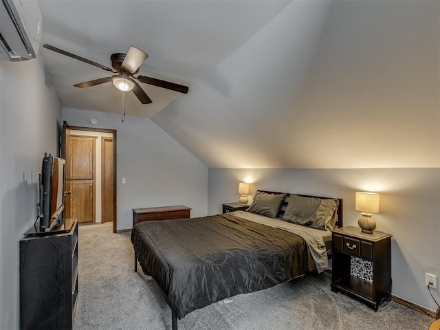 bedroom featuring ceiling fan, light colored carpet, a wall mounted air conditioner, and vaulted ceiling