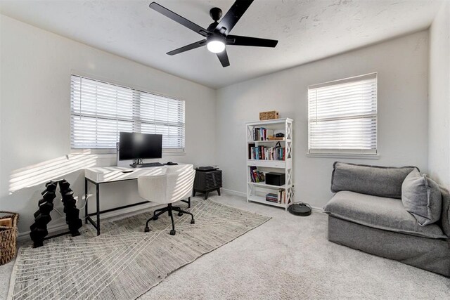 carpeted office with ceiling fan