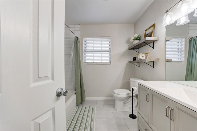 full bathroom with toilet, vanity, tile patterned floors, and shower / bath combination with curtain