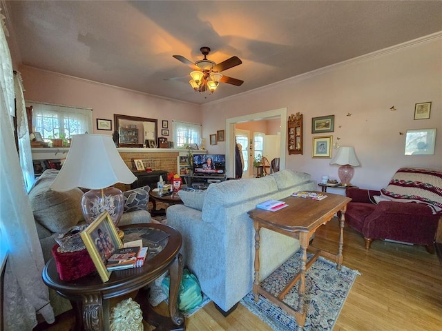 living room featuring a wealth of natural light, light wood-type flooring, ceiling fan, and ornamental molding