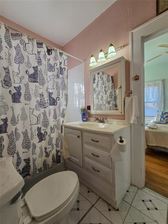 bathroom featuring toilet, vanity, and ceiling fan