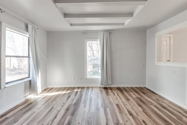 spare room featuring light hardwood / wood-style floors and beam ceiling