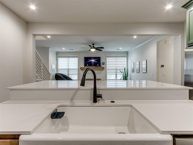 interior details with ceiling fan, crown molding, and sink