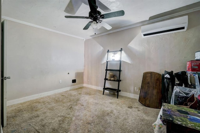 interior space featuring light colored carpet, ceiling fan, and a wall mounted air conditioner