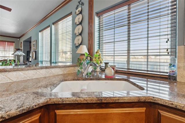 bathroom featuring ceiling fan, ornamental molding, and sink