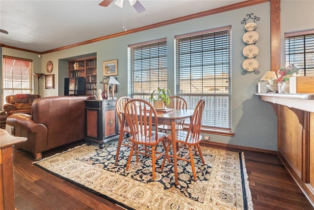 dining area featuring ceiling fan, ornamental molding, and dark wood-type flooring