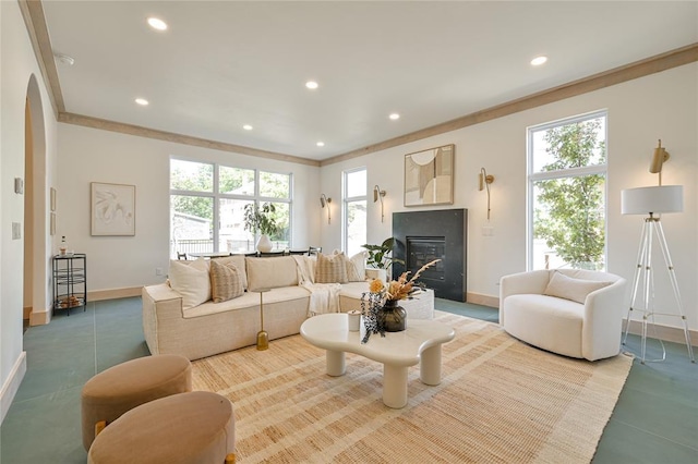 living room with crown molding