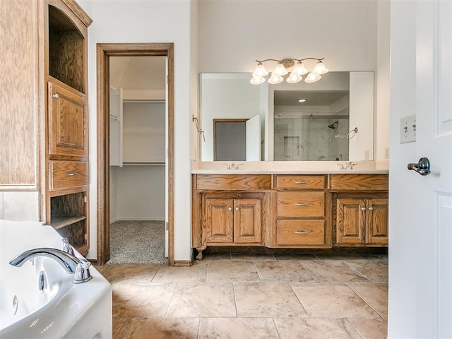 bathroom with plus walk in shower and vanity